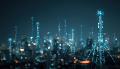 Futuristic city skyline with network towers