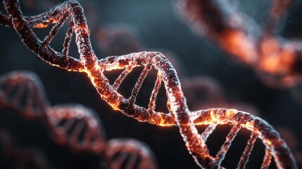 Futuristic glowing digital dna strand under microscope with abstract helix structure, scientific biotechnology and genetic research background