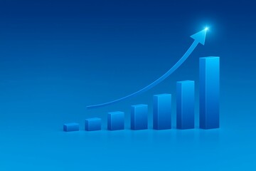 Blue digital bar graph with upward trending arrow indicating financial growth and success