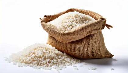 natural fiber sack filled with white rice grains isolated on a white background ideal for culinary and agricultural themes white background or