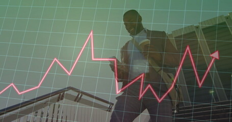 Descending businessman checking smartphone and holding cup on stairs with data overlay, copy space