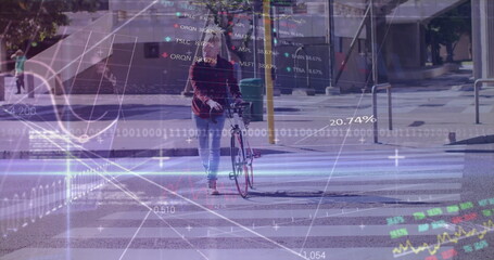 Walking male pushing bicycle across zebra-striped crosswalk, with financial charts and code overlay