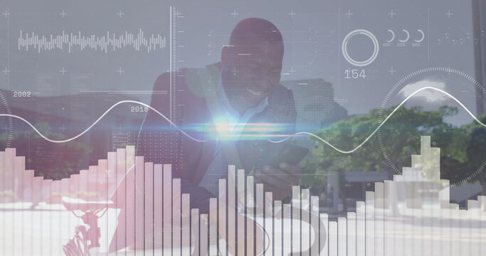 Smiling mature man holding smartphone at outdoor cafe table, with parked bicycle and data overlays - Powered by Adobe
