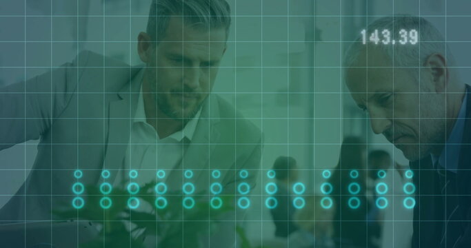 Leaning businessmen pointing chessboard positions at office table, with grid overlay showing 143