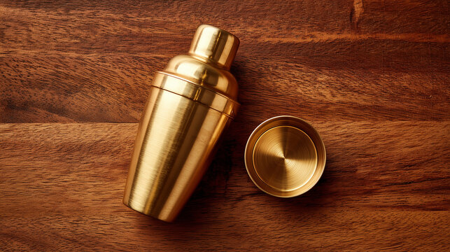 Rustic gold brass cocktail shaker - high angle view with brass dish. Dark, moody background - mixology old world aesthetic - walnut dark wooden surface. Golden Martini shaker viewed from above