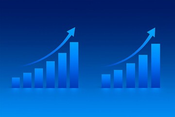 Two blue bar graphs showing upward trends and growth with arrows on a blue gradient background