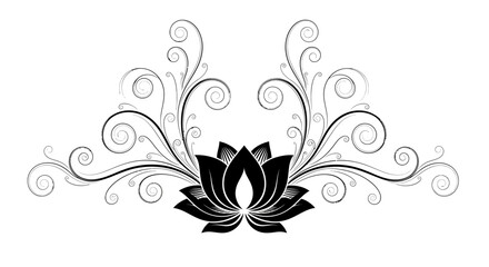 Elegant black and white solid lotus flower with decorative swirling elements on an isolated white background.