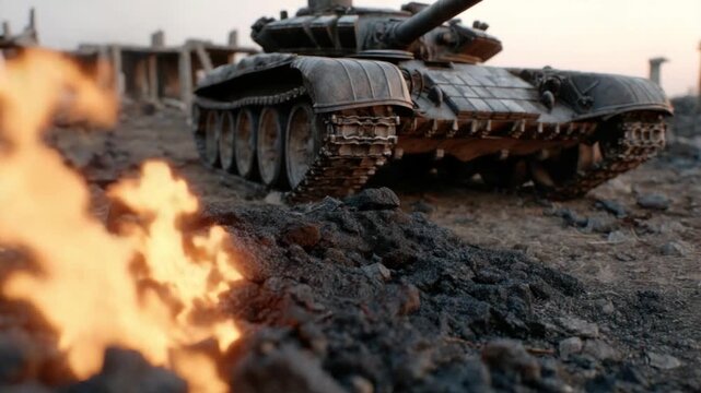Military Tank on Battlefield Surrounded by Smoke and Fire Under Dramatic Sky at Dusk