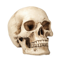 Realistic human skull model for educational purposes and decoration on a transparent background, cut out.
