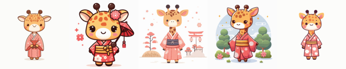cute giraffe vector in kimono costume