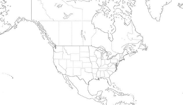 Outline map of North America showing countries and states geographical view - Powered by Adobe
