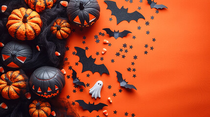 Festive Halloween decorations With Colorful Pumpkins Orange Background, Themed Top View