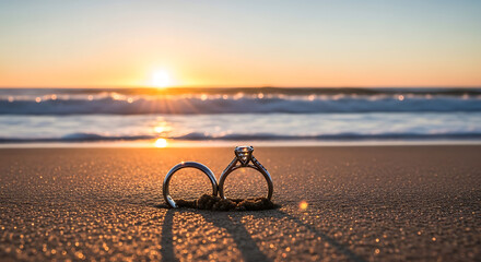 Stunning engagement rings sparkle on sandy beach during breathtaking ocean sunset celebration of love