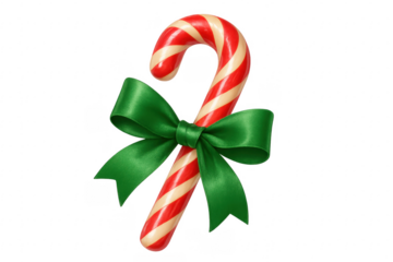 Christmas candy cane with green bow on transparent background