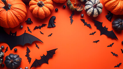 Festive Halloween decorations With Colorful Pumpkins Orange Background, Themed Top View