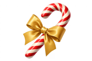 Christmas candy cane with golden bow on transparent background