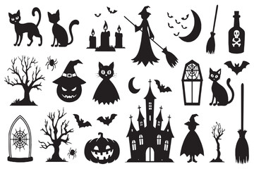 Halloween Silhouette Vector Pack – Witch, Black Cat, Haunted House, Pumpkin, Bats, Spooky Trees, and Creepy Elements
