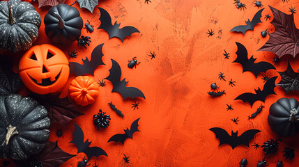 Festive Halloween decorations With Colorful Pumpkins Orange Background, Themed Top View