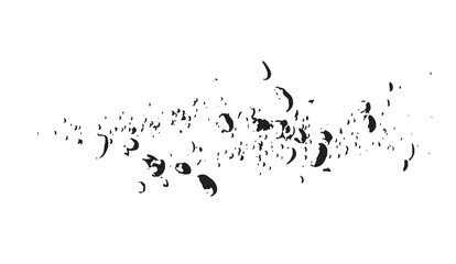 A monochrome pattern of scattered, droplet-shaped designs in varying sizes cascades across a stark white background, creating an artistic splatter effect with a dynamic textural quality