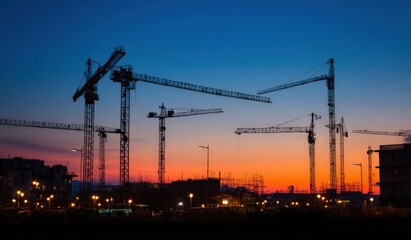 Silhouette of construction cranes at sunset over a developing city