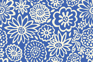 Retro floral pattern with cream flowers on a blue background