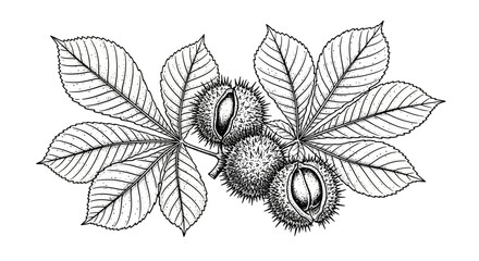 Detailed black and white outline drawing of horse chestnut branch with leaves and spiky fruits on an isolated white background.