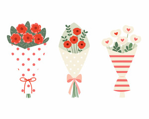 Three charming floral bouquets with decorative wrapping and bows