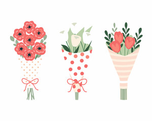 Three flat design bouquets of flowers with decorative wrapping