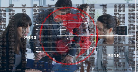 Professionals in blazers reviewing blue binder documents on table in office under digital overlay