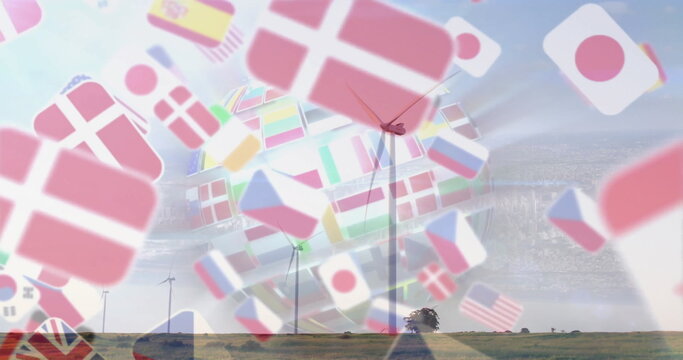 Spinning wind turbine rotating blades on grassy plain, blending global flag graphics, copy space