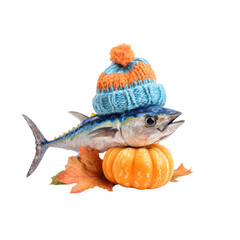 Fish wearing a knitted hat next to a pumpkin for autumn celebration on a transparent background, cut out.