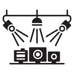 Scene with three projectors line icon, Music festival concept, scene lighting sign spotlights icon. Vector black silhouette. with white background