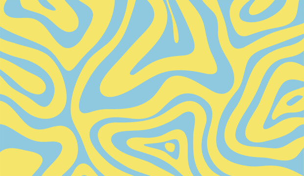Groovy background with yellow and light blue curved stripes creating a retro 70s aesthetic that evokes a vintage design with a seamless fluid pattern