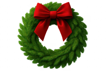Christmas wreath with red bow decorating a transparent background