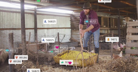 Leaning adult farmer holding rope over yellow feeding tub in rustic barn, with social media icons © vectorfusionart