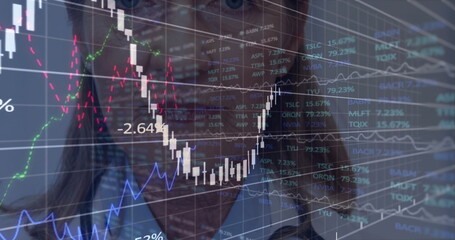 Senior analyst in jacket analyzing data at trading desk, with candlesticks and tickers