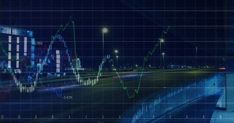 Showing multilane road glowing under streetlights at night, with light trails and chart overlay