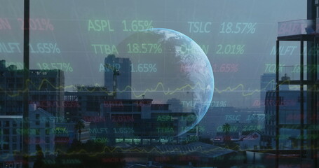 Hovering planet Earth dominating city skyline at dusk, with floating stock ticker symbols