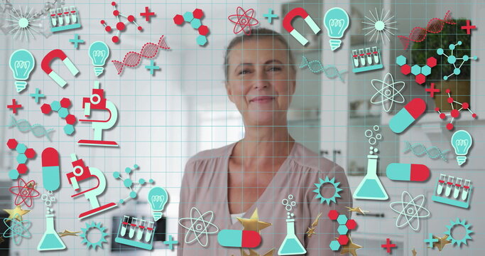 Smiling senior woman wearing light blouse standing in modern kitchen, with science icons overlay