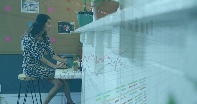 Working analyst wearing dress sitting on stool at desk, using laptop with coffee mug and charts