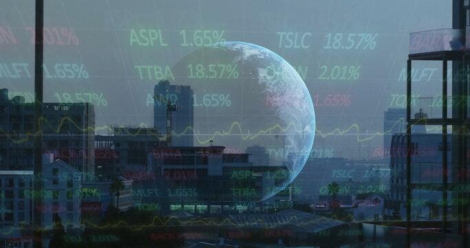 Hovering planet Earth dominating city skyline at dusk, with floating stock ticker symbols