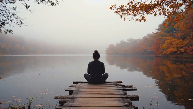 Person sitting on a rustic pier on calm misty lake in autumn