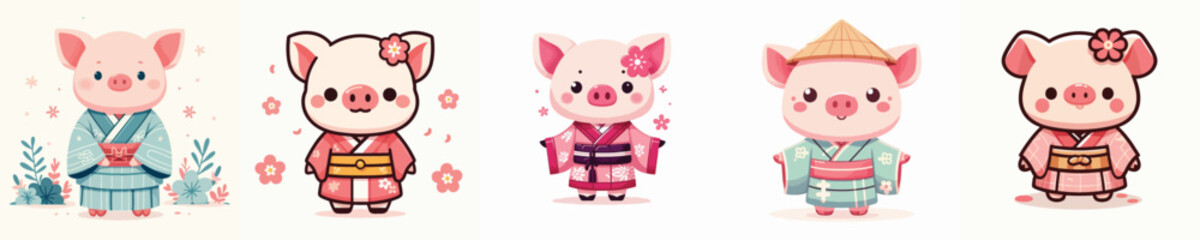 cute pig vector in kimono costume