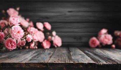 Pink roses on a dark wooden table
