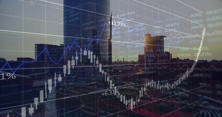 Displaying candlestick and line graph overlay with percentage labels over rooftop railing at dusk