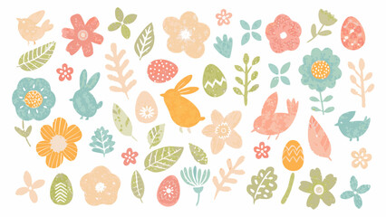 Cute easter elements with bunnies birds flowers and eggs in pastel colors
