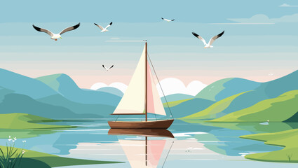 Naklejka premium Sailing boat on a tranquil lake surrounded by mountains and flying seagulls