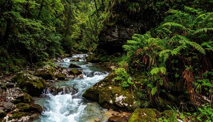 Obraz premium Rushing River in Lush Green Rainforest