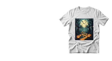 Spooky halloween night illustration on a t-shirt with bats moon pumpkins scary