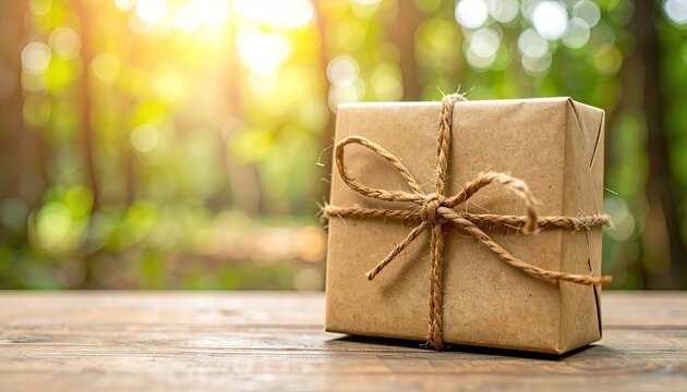Rustic Brown Paper Wrapped Gift with Natural Fiber Ribbon on Wooden Table